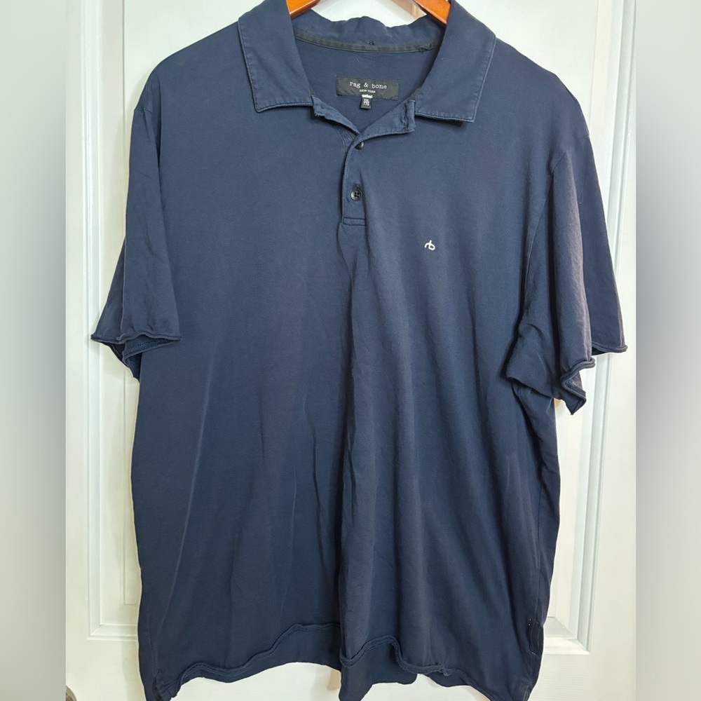 EUC RAG & BONE Men's Navy Polo Shirt with double raw edges size XXL
